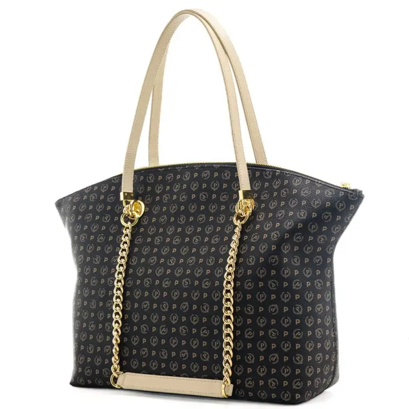 Pollini shopping bag da donna con logo pattern all over, manici in pelle e manici in catena nero avorio miniatura 3