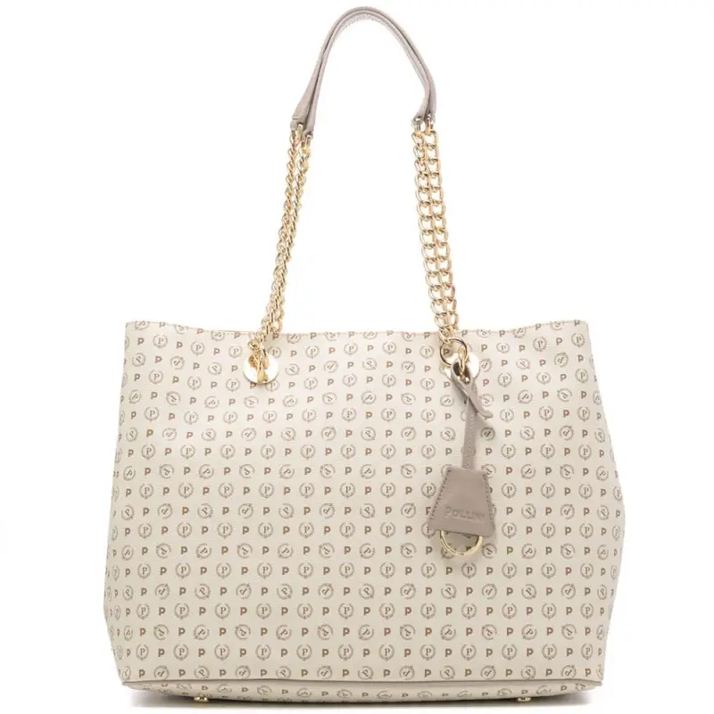 shopping donna con manici in catena e stampa logo avorio ghiaccio