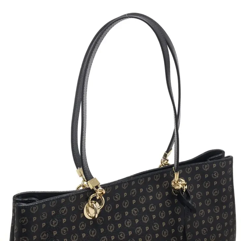 Pollini shopping donna con manici in catena e stampa logo nero miniatura 3