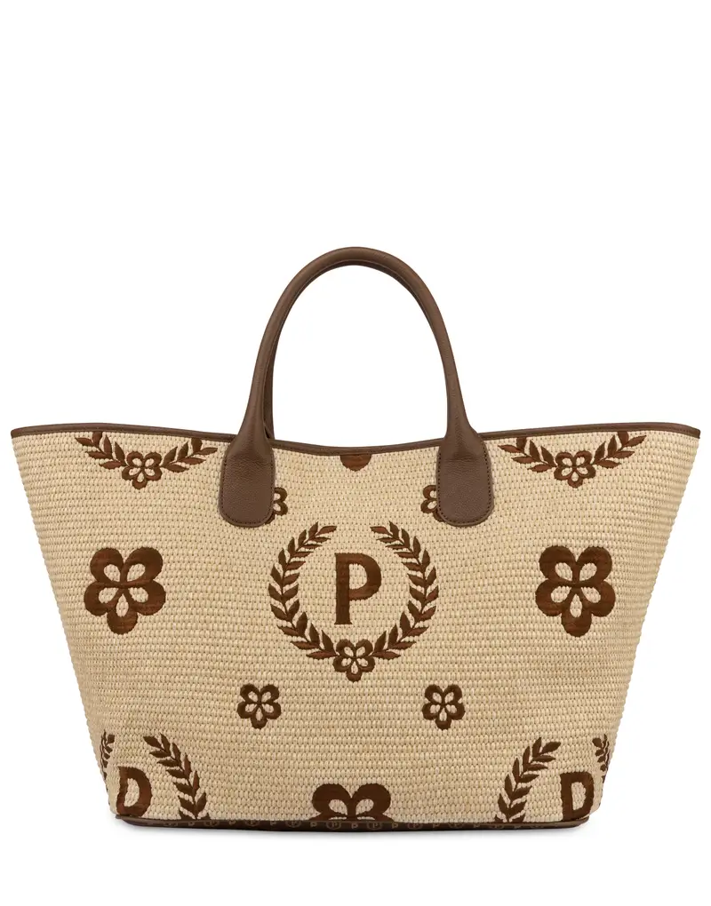 Tote bag in paglia Macro Heritage Big NATURALE/T.MORO/MARRONE, Pollini Bianco