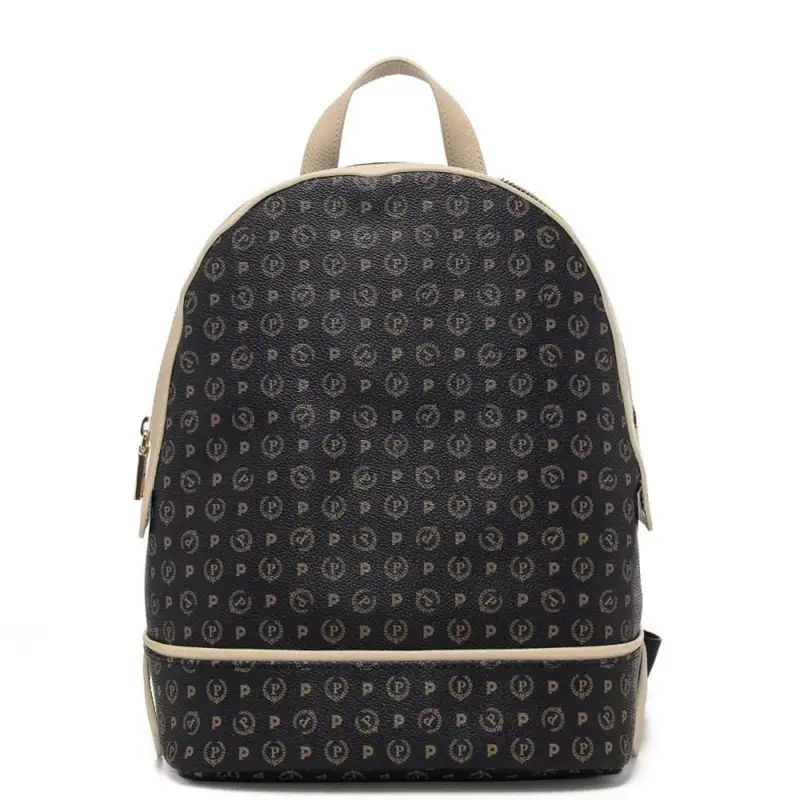 Pollini zaino donna con cerniera e stampa heritage nero avorio