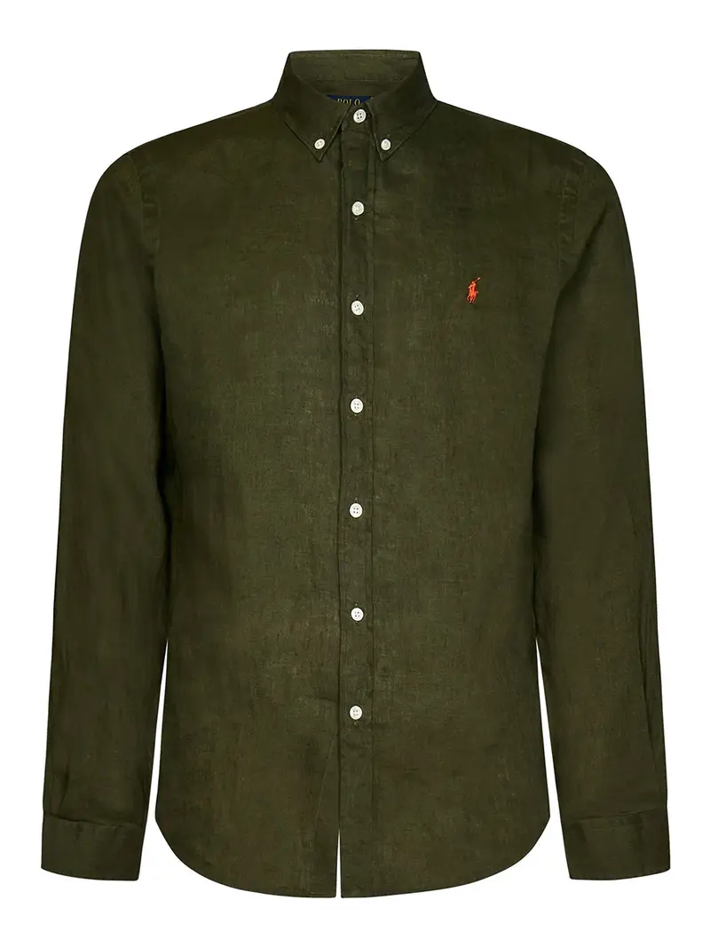 Camicia slim fit in lino verde militare