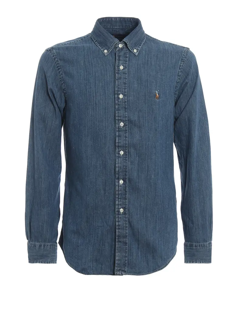 Camicia slim in denim colletto button-down Lavaggio Medio