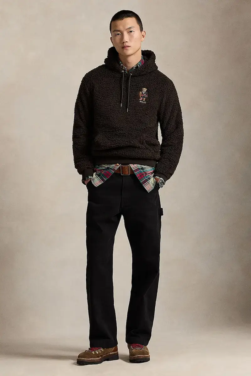 felpa in pile uomo colore marrone con cappuccio con applicazione 710981798 miniatura 3