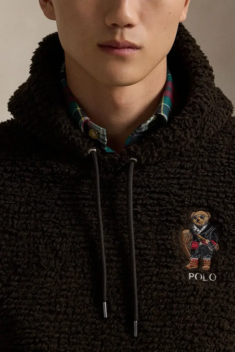 felpa in pile uomo colore marrone con cappuccio con applicazione 710981798 miniatura 4