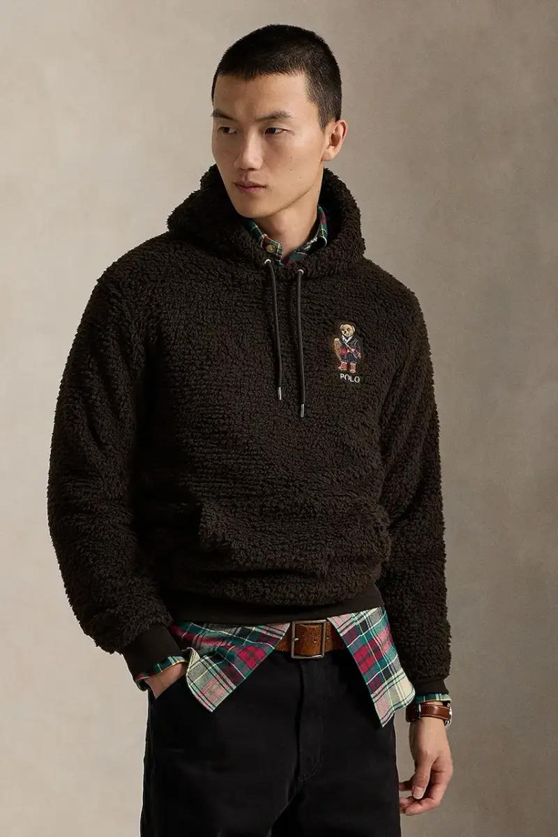 felpa in pile uomo colore marrone con cappuccio con applicazione 710981798