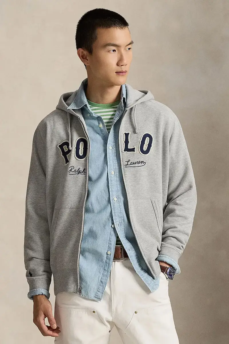 felpa uomo colore grigio con cappuccio con applicazione 710P04874