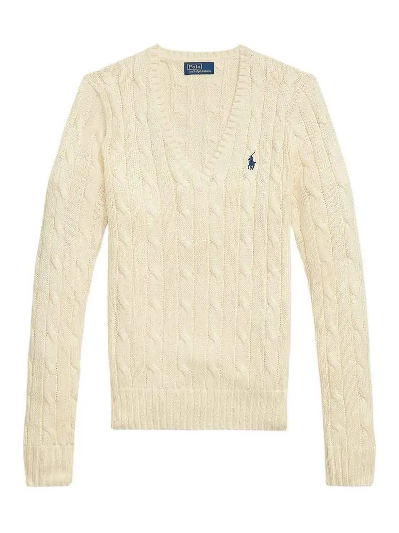 Maglione Girocollo A Trecce Con Logo Ricamato Beige