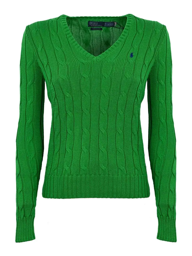 Maglione in Maglia a Trecce Con Scollo A V Verde