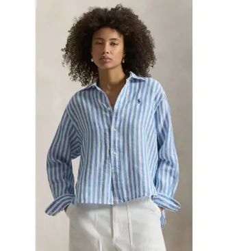 per donna 211935130500 Camicia di lino blu corta e ampia (S), Casual, Cotone, Manica lunga