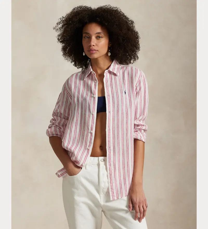 per donna. 211970691008 Camicia di lino rosa (L), Casual, Manica lunga