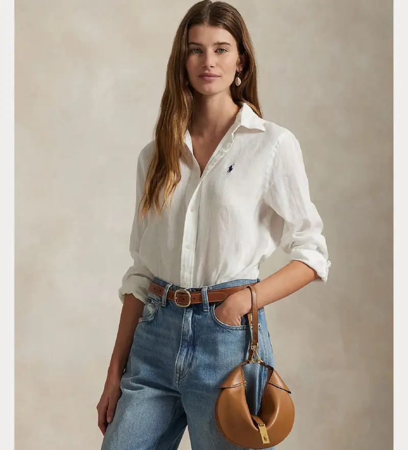 per donna 211970730001 Camicia in lino bianca dalla vestibilità classica (L), Bianco, Casual, Manica lunga