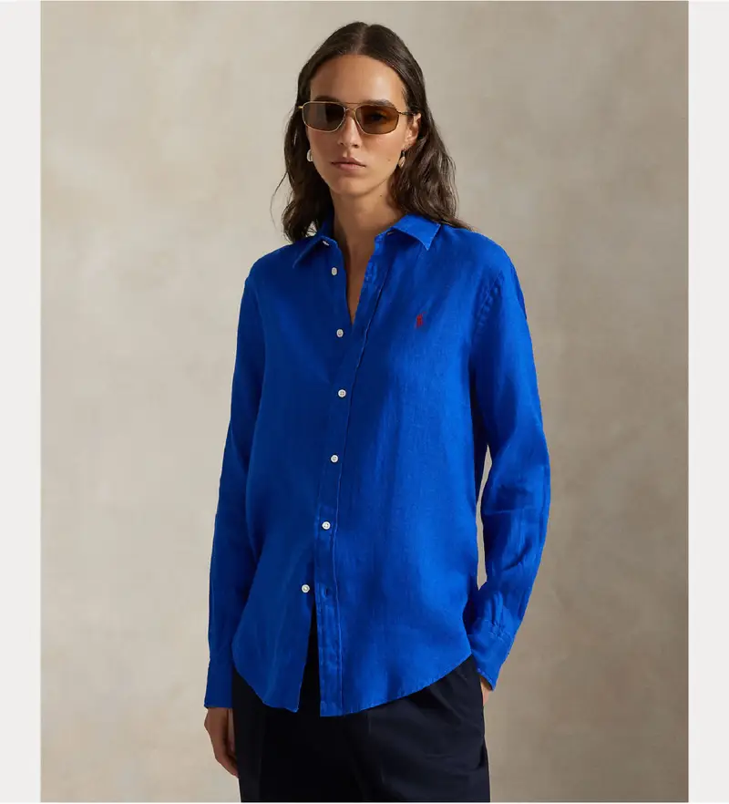 per donna 211970730501 Camicia in lino blu dalla vestibilità classica (XS), Casual, Manica lunga