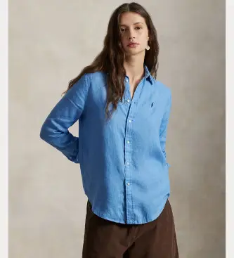 per donna 211970730510 Camicia in lino blu dal taglio classico (S), Casual, Manica lunga