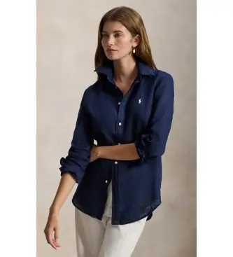 per donna 211970730519 Camicia classica a maniche lunghe blu navy (XS), Casual, Lino, Manica lunga
