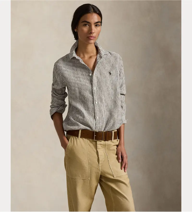 per donna 211A96158007 Camicia in lino marrone dal taglio classico (XS), Casual, Manica lunga