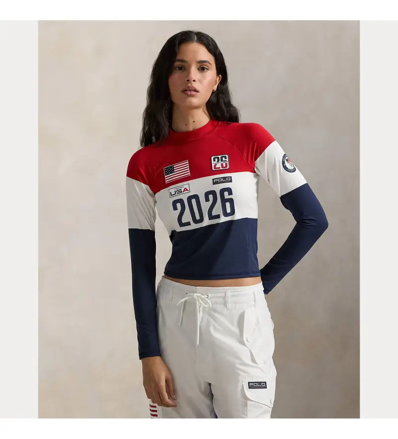 per donna 211B17515001 Maglia elasticizzata a collo alto Team Usa multicolore (XS), Casual, Cotone Blu