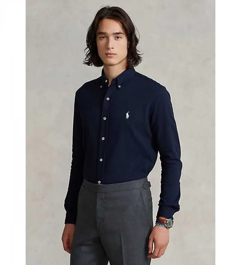 per uomo 710654408016 Camicia in piqué ultraleggero blu navy (S), Casual, Cotone, Classico, Manica lunga