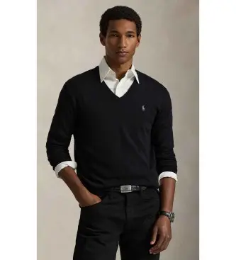 per uomo 710670789003 Maglione slim fit in cotone con scollo a V nero (XS), Casual, Classico