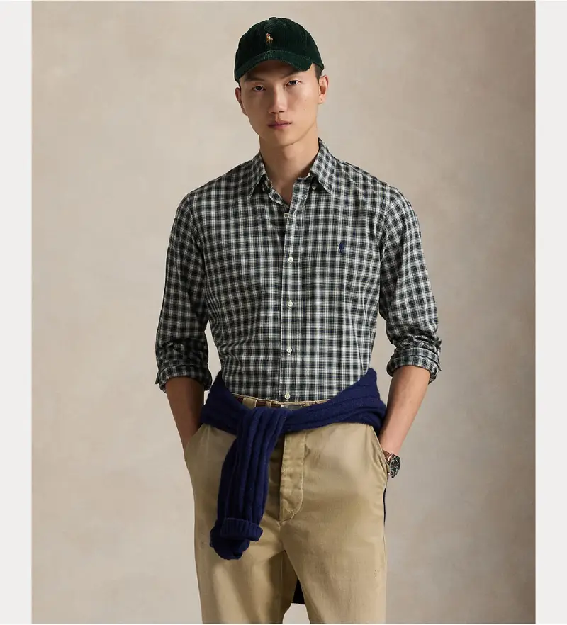 per uomo 710953644007 Camicia in twill con vestibilità personalizzata e motivo a quadri blu navy (S), Casual, Cotone, Man