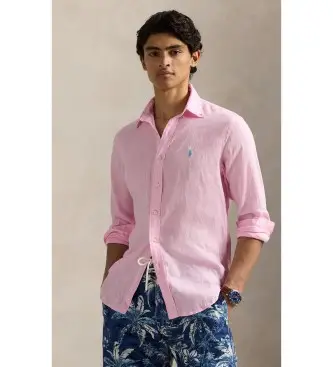 per uomo 710966294009 Camicia di lino rosa su misura (S), Casual, Manica lunga