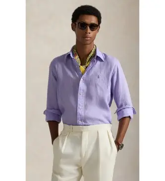 per uomo 710966294501 Camicia in lino lilla su misura (S), Casual, Manica lunga