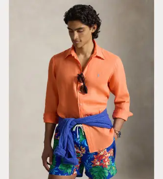 per uomo 710966294507 Camicia in lino arancione su misura (S), Casual, Manica lunga