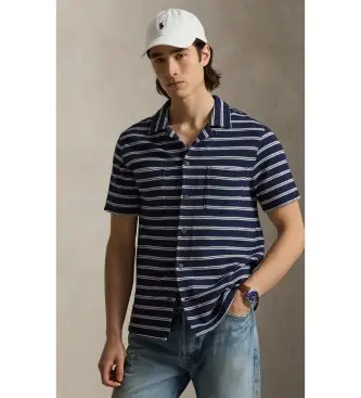 per uomo 710A13005002 Camicia in maglia traforata a righe blu navy (S), Casual, Cotone, Manica corta