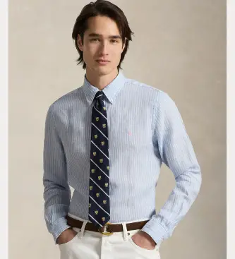 per uomo 710B15594005 Camicia di lino a righe blu su misura (S), Casual, Manica lunga