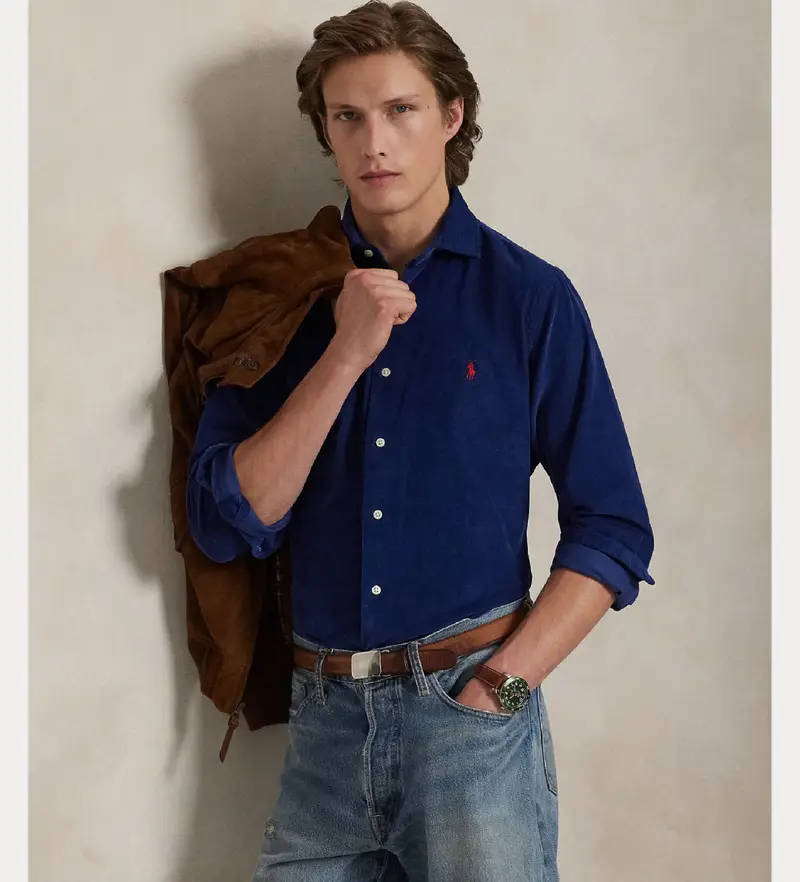 per uomo 710P00518005 Camicia in velluto a coste blu su misura (S), Casual, Cotone, Manica lunga