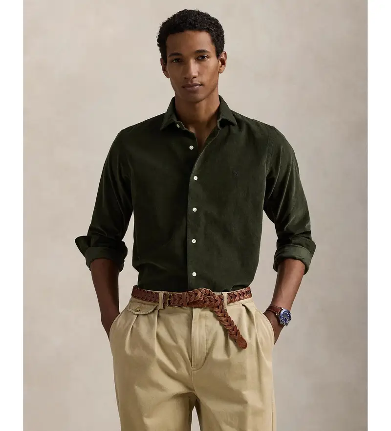 per uomo 710P00518009 Camicia in velluto a coste verde su misura (XL), Casual, Cotone, Manica lunga