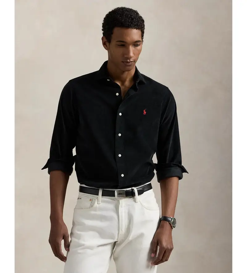 per uomo. 710P00518011 Camicia in velluto a coste nera su misura (S), Nero, Casual, Cotone, Manica lunga