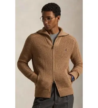 per uomo 710P04291002 Maglione marrone in lana e cotone con cerniera (S), Casual, Classico