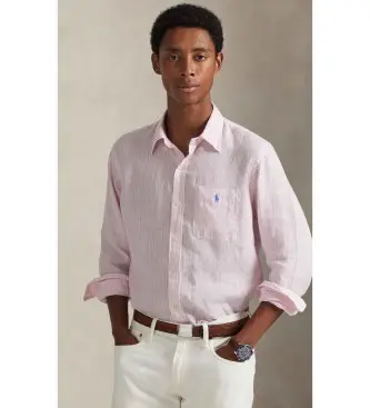 per uomo 710P07024001 Camicia in lino Custom Fit con righe rosa (S), Casual, Classico, Manica lunga