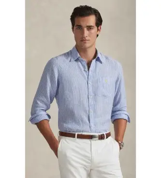 per uomo 710P07024002 Camicia in lino Custom Fit con righe blu (S), Casual, Classico, Manica lunga