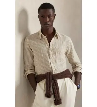 per uomo 710P07024003 Camicia in lino Custom Fit con righe beige (S), Casual, Classico, Manica lunga