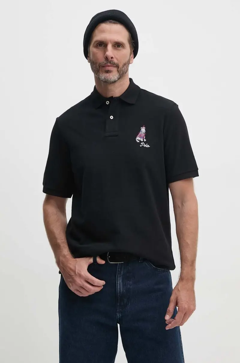 polo in cotone colore nero con applicazione 710953336
