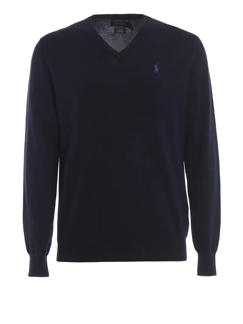 Pullover in cotone blu scuro con scollo a V