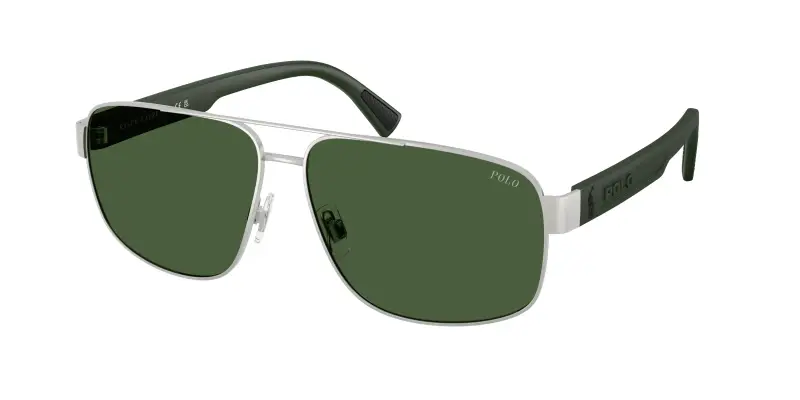 Uomo Polo Ralph Lauren PH3165 931671 Occhiali da sole Metallo Argento Verde Pilot Normale