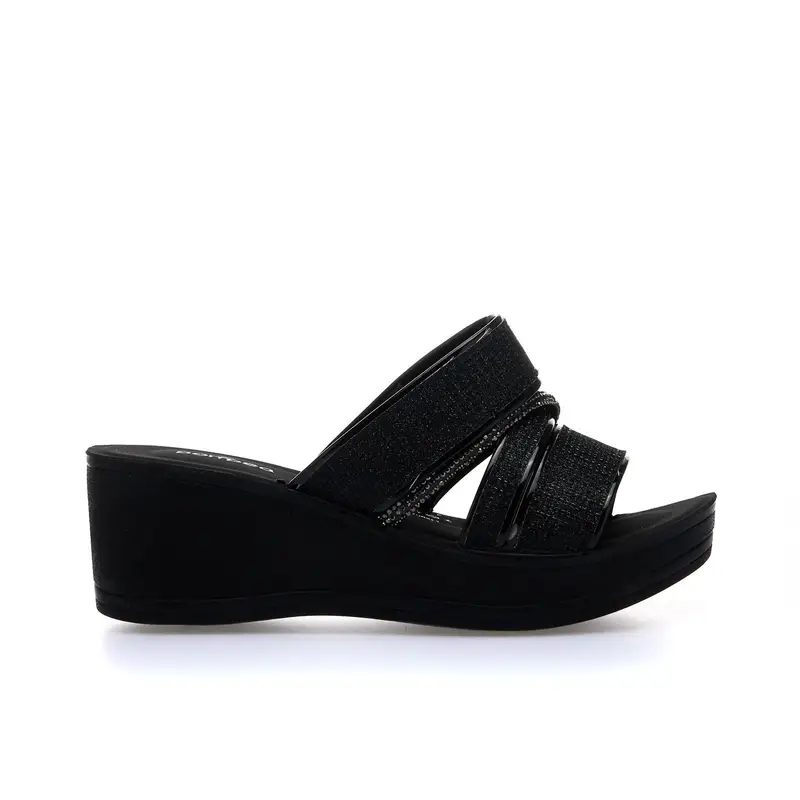 Ciabatte nere da mare con zeppa e fasce glitterate