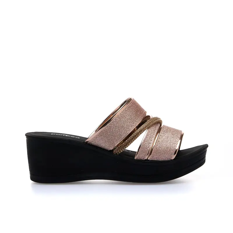 Ciabatte nere e rosa da mare con zeppa e fasce glitterate