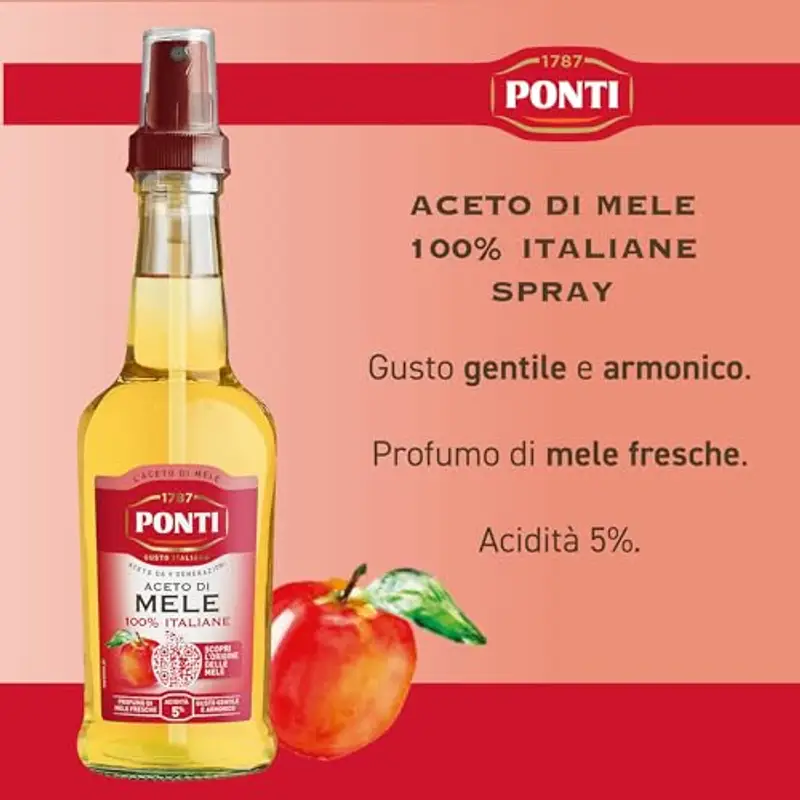Ponti, Aceto di Mele 100% Italiane, Aceto di Mele dal Gusto Gentile e Armonico, Acidità 5%, Ideale per Insaporire le tue Insalate e Carni, 100% Made in Italy, Spray da 250 ml miniatura 2