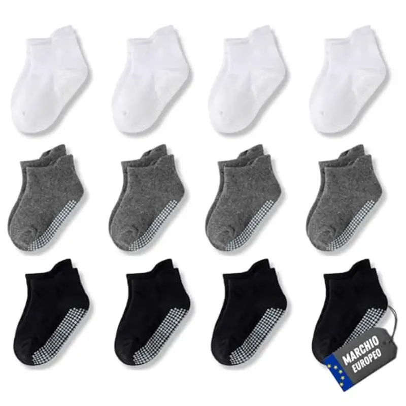 POPYS® Calzini Antiscivolo Bambino e Bambina di Cotone | Calze antiscivolo bambino | Calzini antiscivolo (IT, Numero, 32, 36, 12 Paia Multicolore)