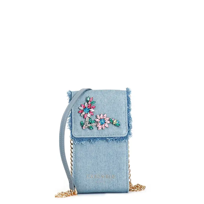 porta cellulare in denim sfrangiato con fiori di pietre e strass denim