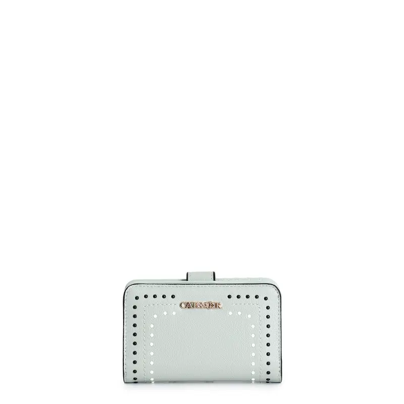 portafoglio con applicazione di mini rivetti bicolore, logo in metallo salvia