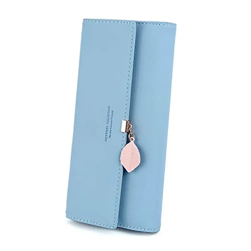 Portafoglio Donna Lungo Cerniera in Pelle, Portafoglio Donna Grande (Blu Chiaro)