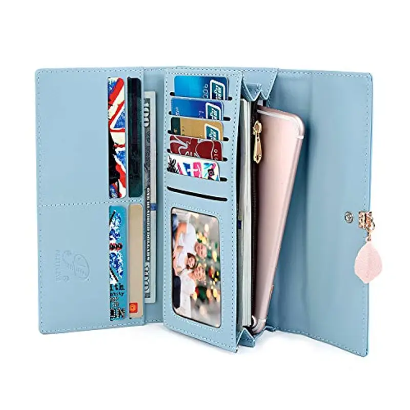 Portafoglio Donna Lungo Cerniera in Pelle, Portafoglio Donna Grande (Blu Chiaro) miniatura 3
