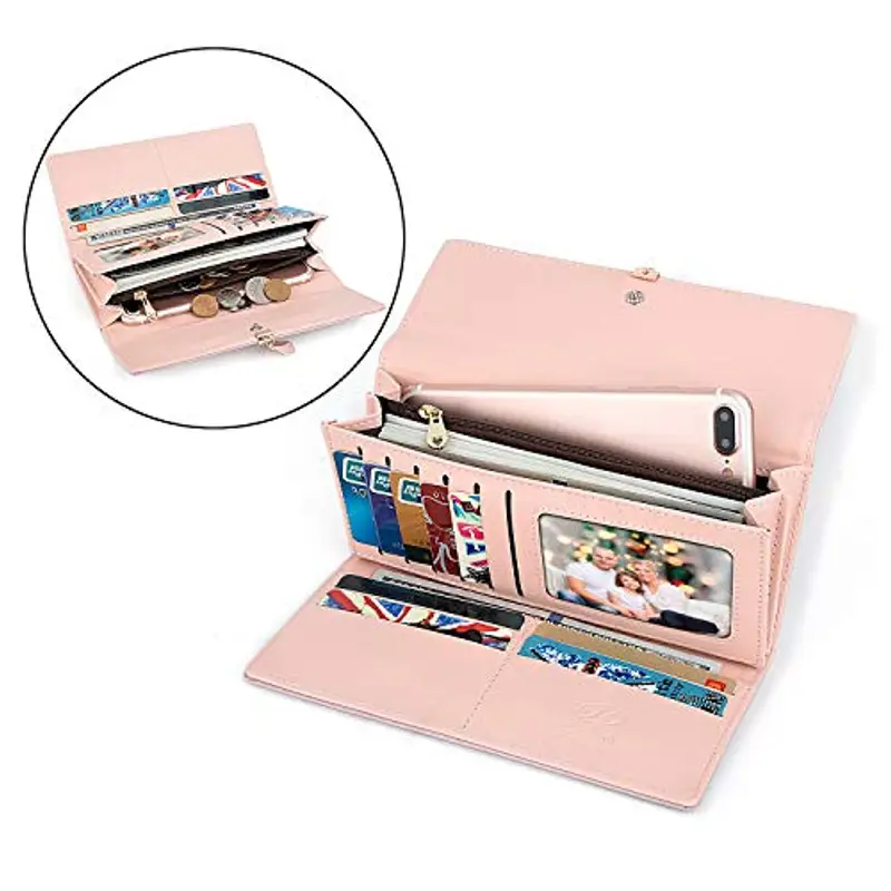 Portafoglio Donna Lungo Cerniera in Pelle, Portafoglio Donna Grande (Rosa) miniatura 2