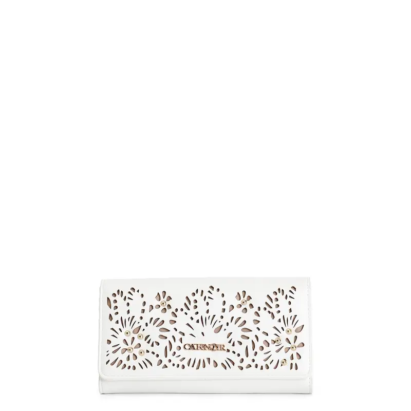 portafoglio grande con pattina ,traforo a laser e applicazione di rivetti, lette bianco