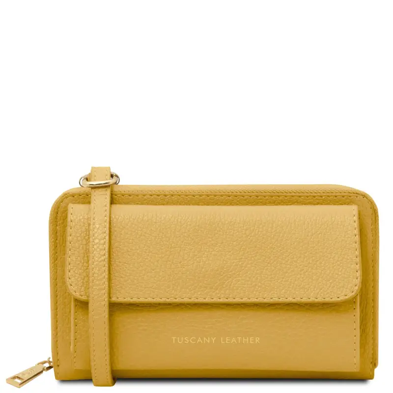 Portafoglio/portacellulare in pelle con tracolla Giallo pastello